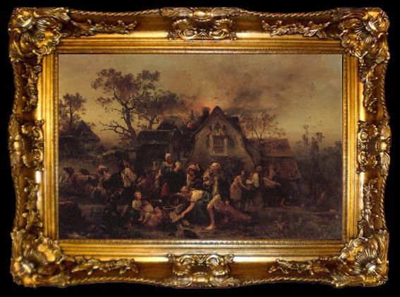framed  Ludwig Knaus A Farm Fire, ta009-2